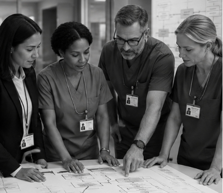 Healthcare and administrative team collaborating over clinical workflow documents