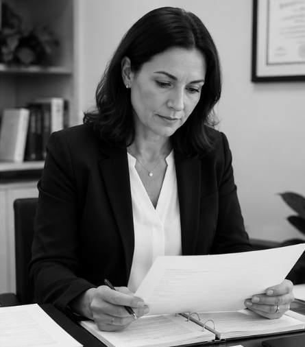 Healthcare leader reviewing documentation and compliance materials